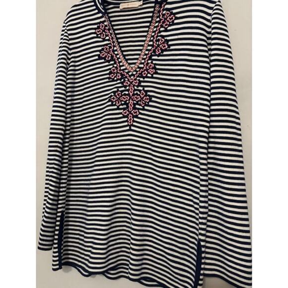 Tory Burch Nautical Resort Blue White Striped Cotton Tunic Medium Preppy Beach - Picture 4 of 8